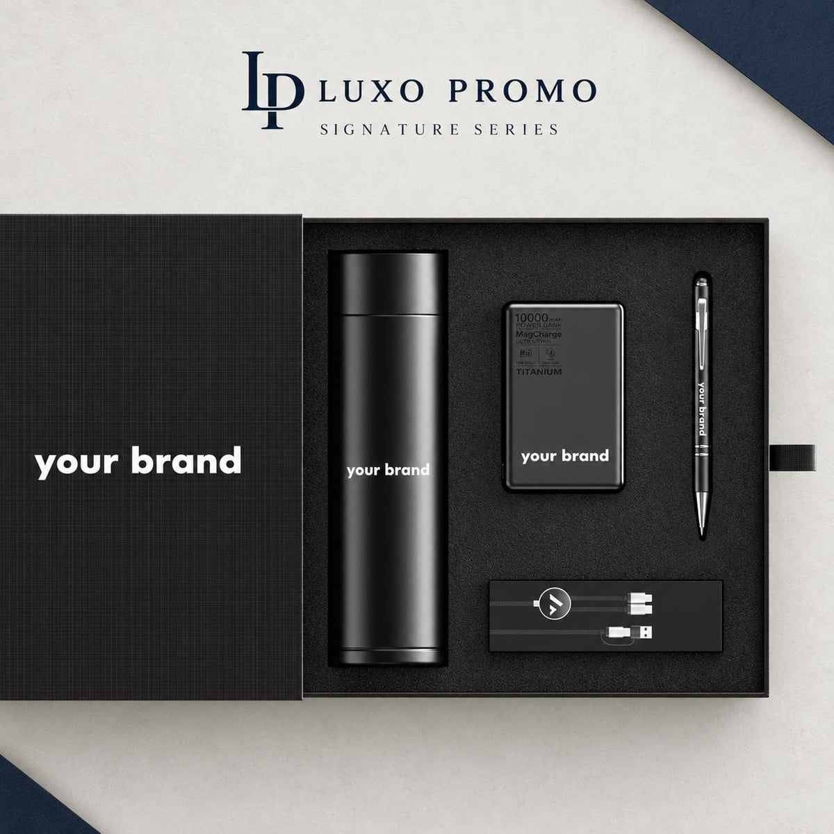 Personalized Signature Gift Box, Custom Logo Smart Thermos, Built-In Cable Power Bank, Light-Up Cable and Pen, Corporate Employee Gift