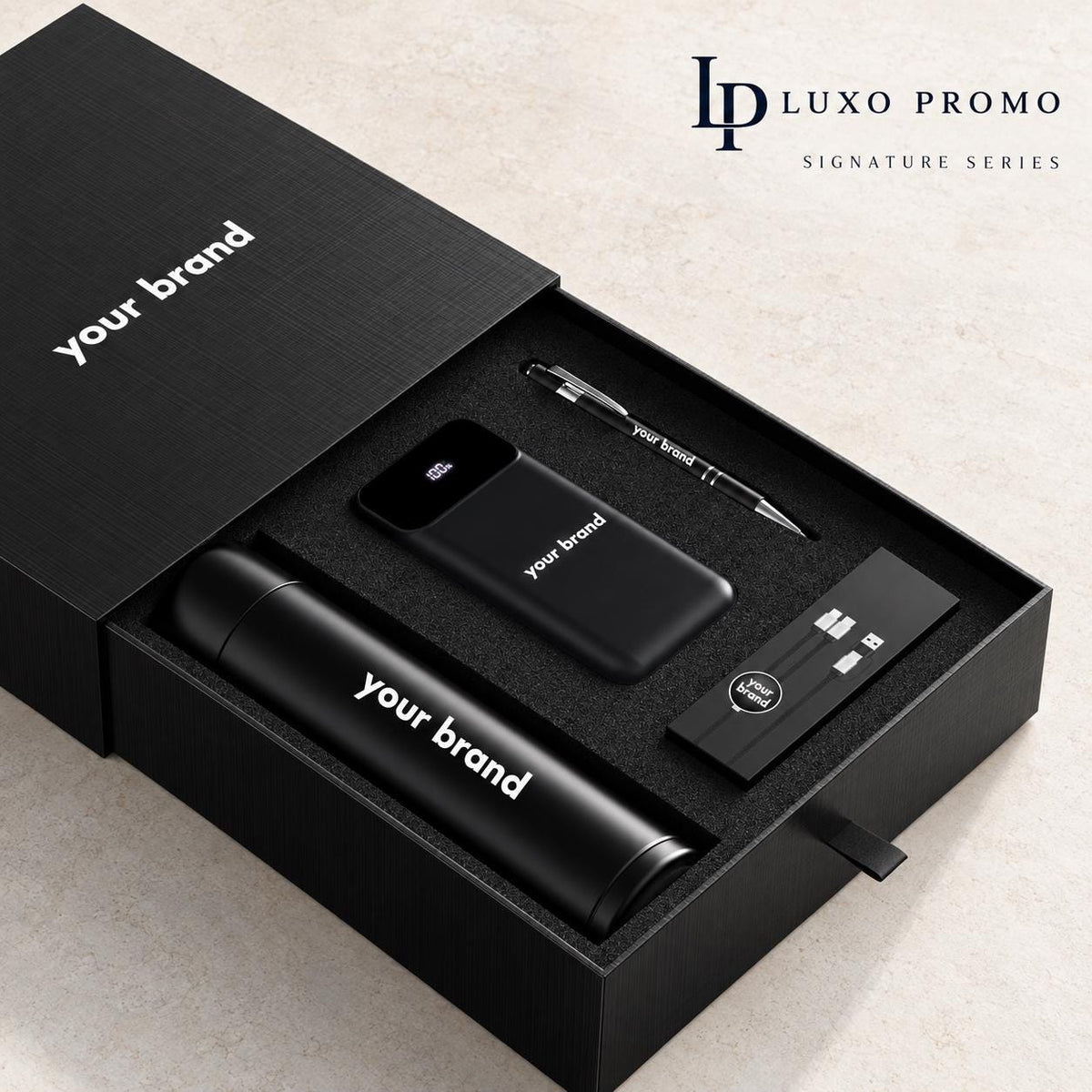 Personalized Signature Corporate Gift Box, Custom Logo 18oz Tumbler, 22.5W Power Bank, Light-Up Cable and Stylus Pen, Employee Gift