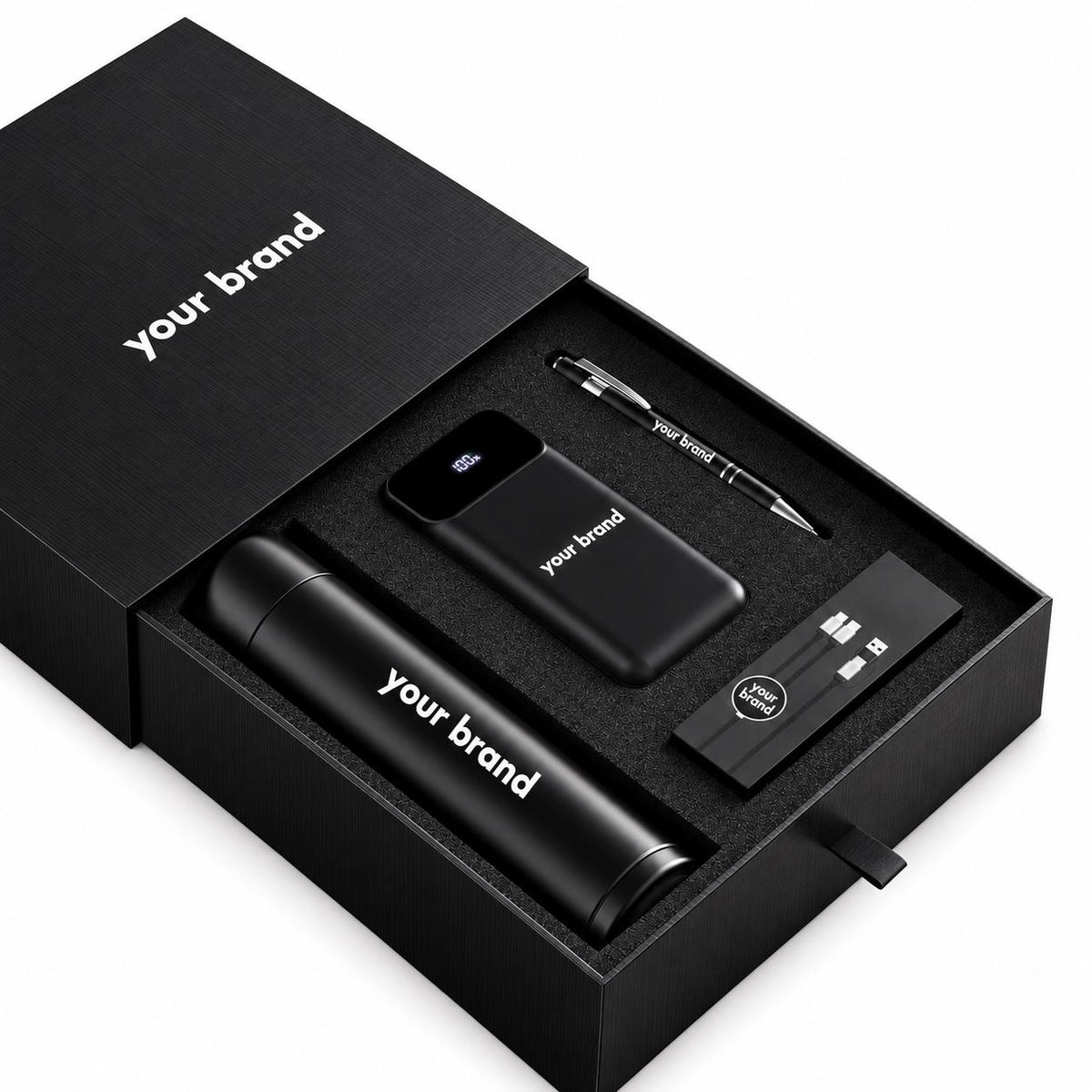 Personalized Signature Corporate Gift Box, Custom Logo 18oz Tumbler, 22.5W Power Bank, Light-Up Cable and Stylus Pen, Employee Gift