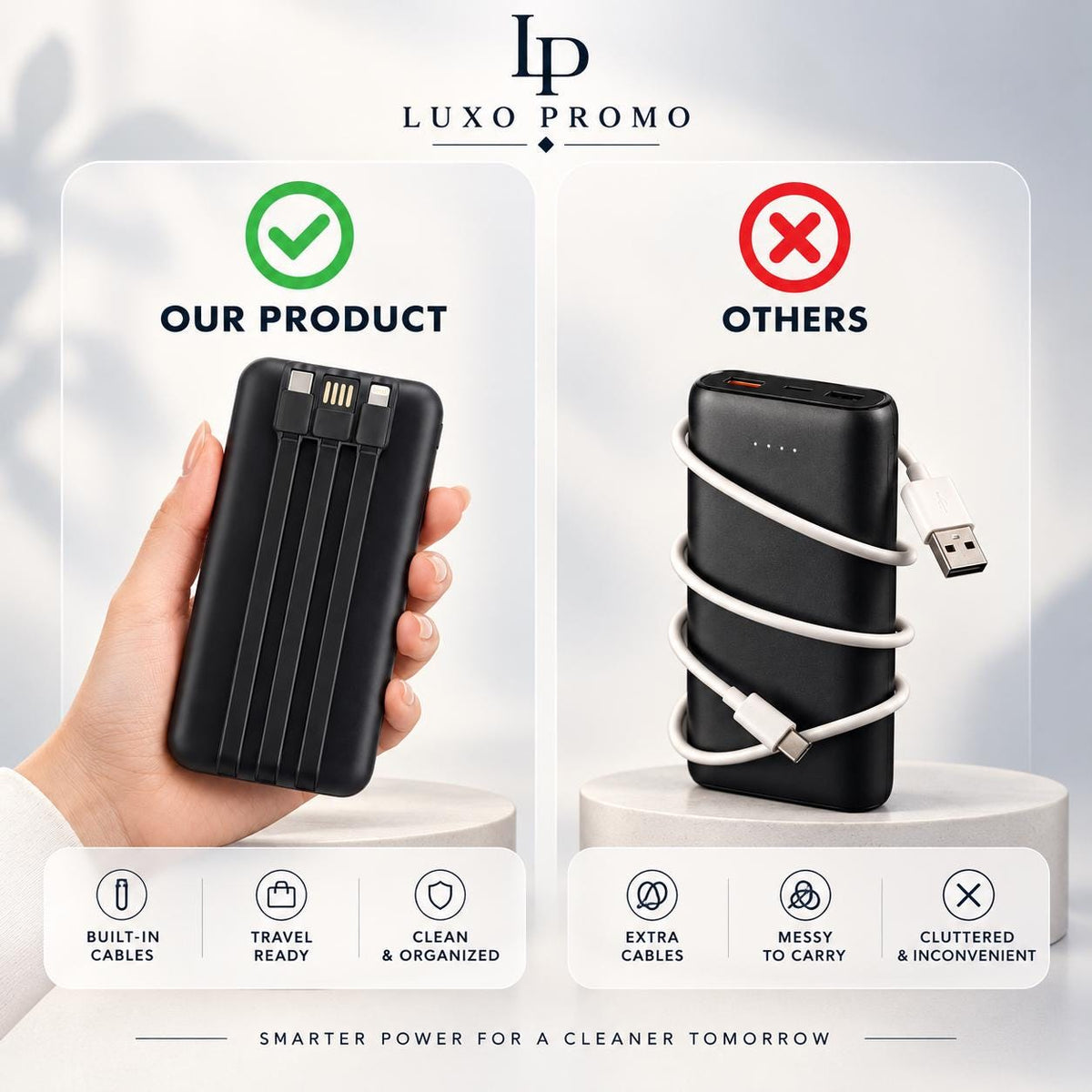 Personalized Light-Up Power Bank with Built-In Cables, Custom Logo Charger, Corporate Gift, Branded 10000mAh Charger