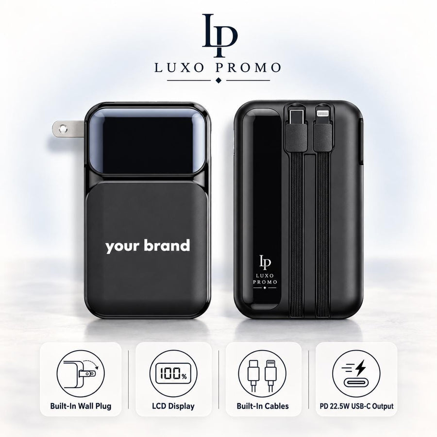 Personalized Wall Plug Power Bank with Built-In Cables, Custom Logo Charger, Corporate Gift, Branded 10000mAh Fast Charger