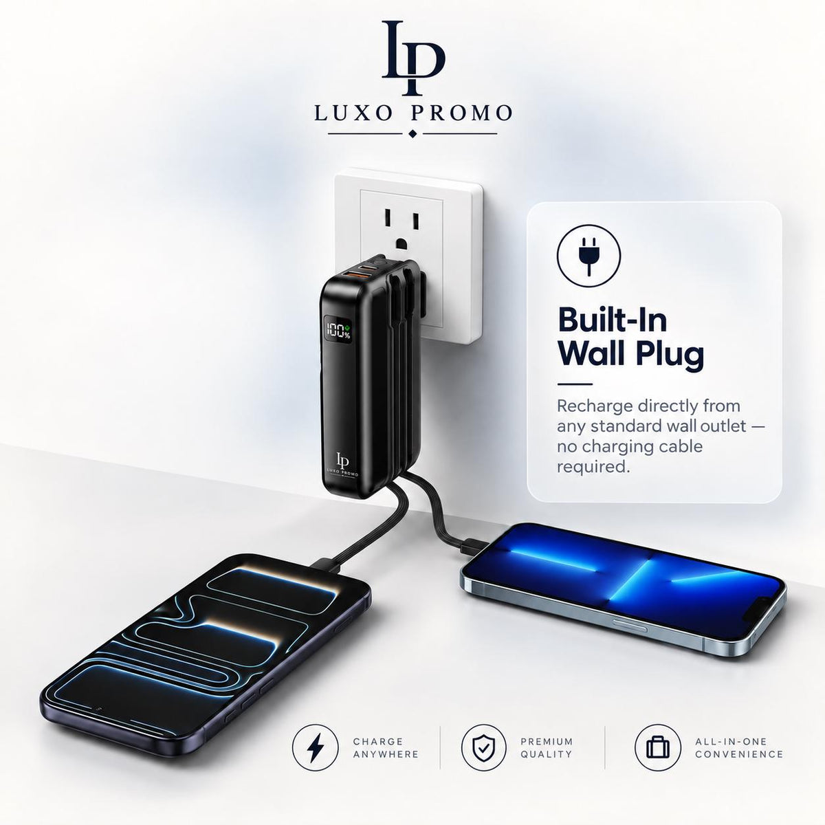 Personalized Wall Plug Power Bank with Built-In Cables, Custom Logo Charger, Corporate Gift, Branded 10000mAh Fast Charger