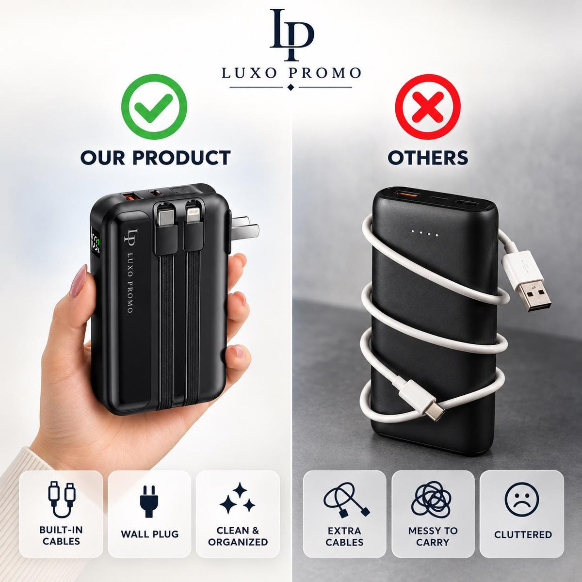 Personalized Wall Plug Power Bank with Built-In Cables, Custom Logo Charger, Corporate Gift, Branded 10000mAh Fast Charger