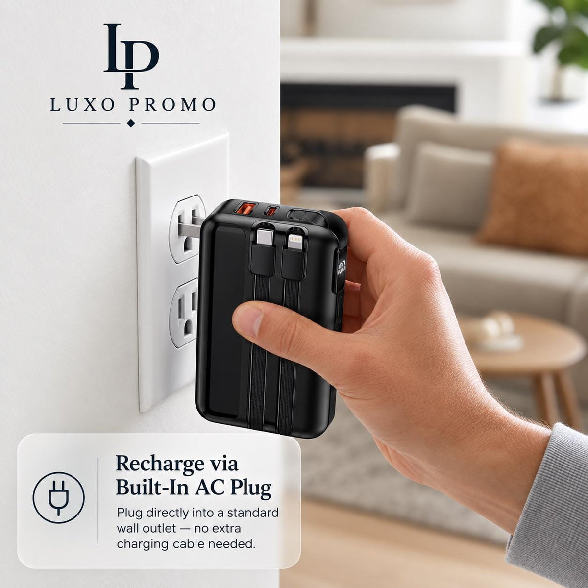 Personalized Wall Plug Power Bank with Built-In Cables, Custom Logo Charger, Corporate Gift, Branded 10000mAh Fast Charger
