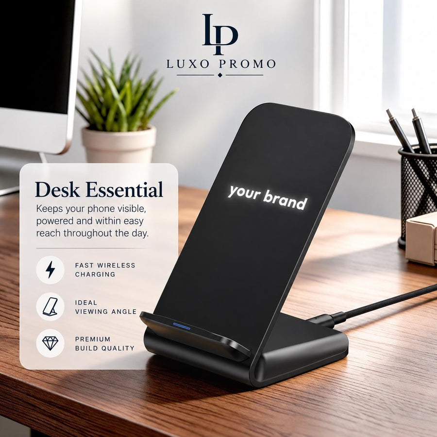 Personalized Light Up Wireless Charger Stand, Custom Logo Phone Dock, Corporate Gift, Branded 10W Qi Charging Station