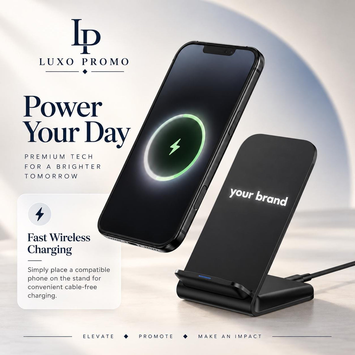 Personalized Light Up Wireless Charger Stand, Custom Logo Phone Dock, Corporate Gift, Branded 10W Qi Charging Station