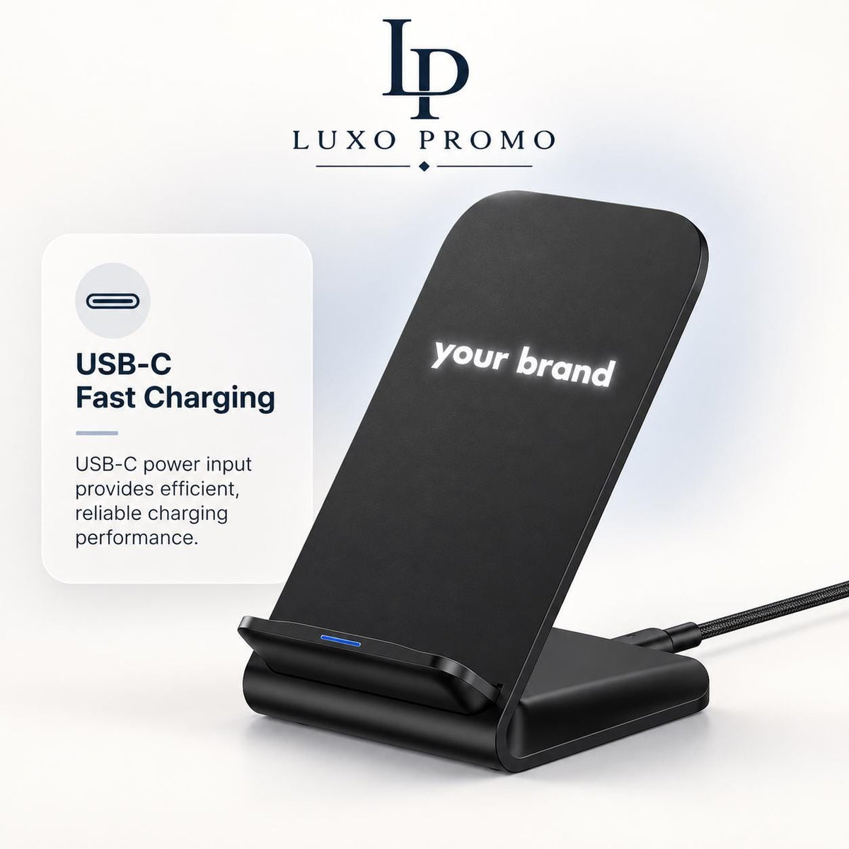Personalized Light Up Wireless Charger Stand, Custom Logo Phone Dock, Corporate Gift, Branded 10W Qi Charging Station