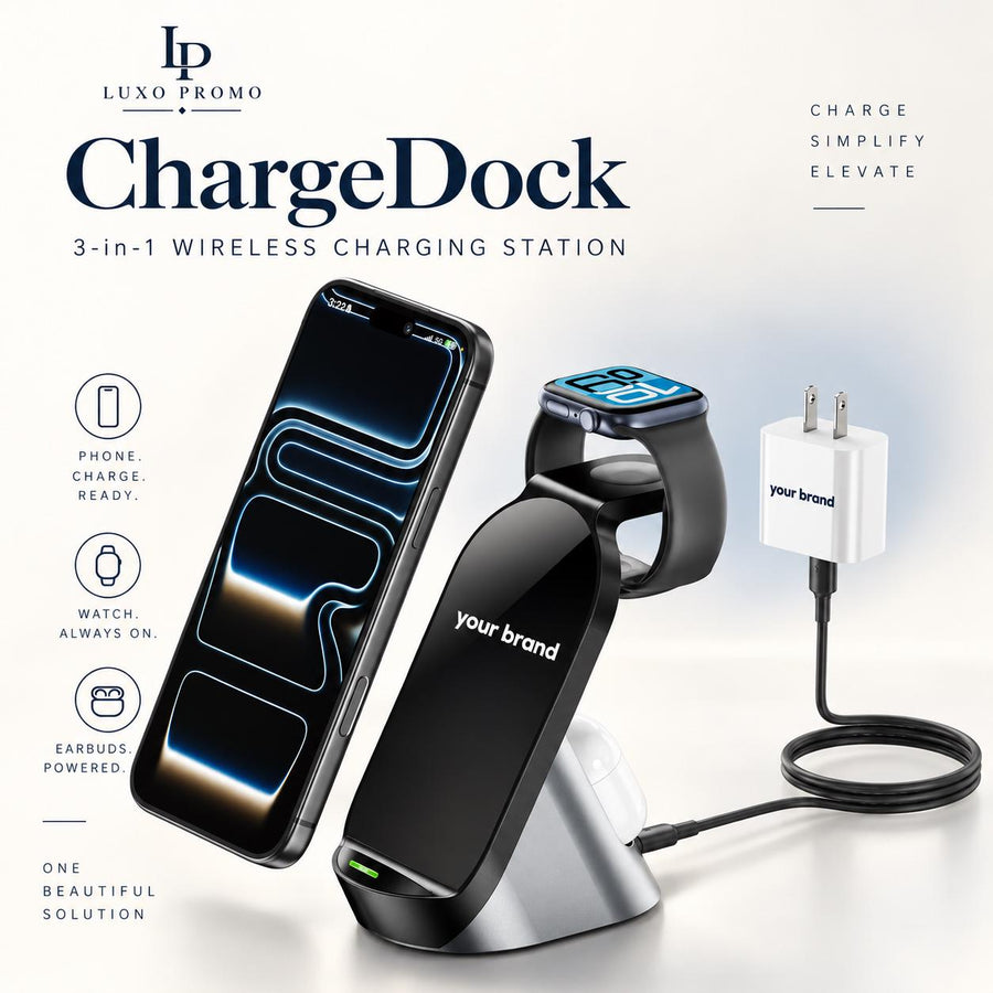 Personalized 3-in-1 Wireless Charging Station, Custom Logo MagSafe Dock, Phone Watch Earbuds Charger, Corporate Gift