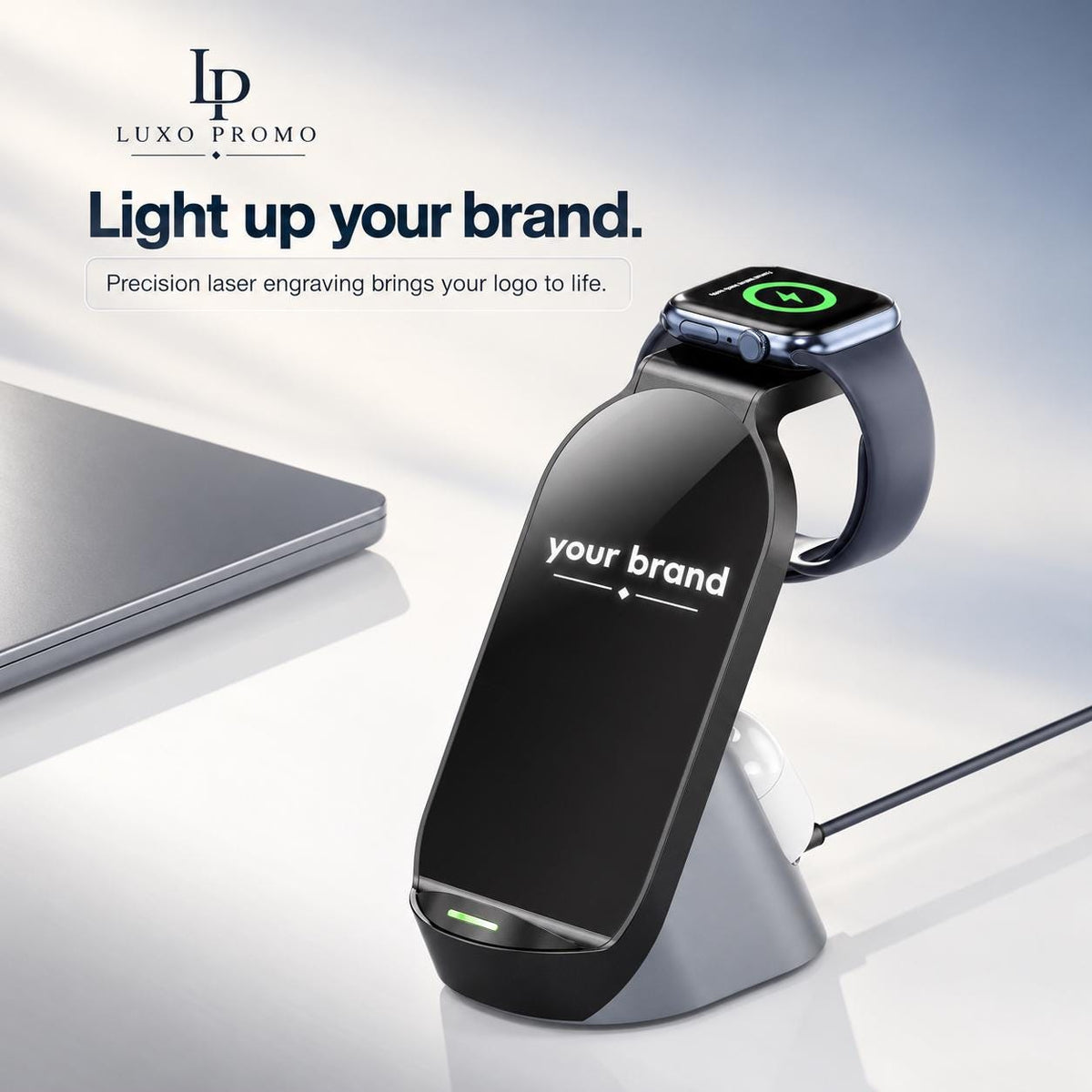 Personalized 3-in-1 Wireless Charging Station, Custom Logo MagSafe Dock, Phone Watch Earbuds Charger, Corporate Gift