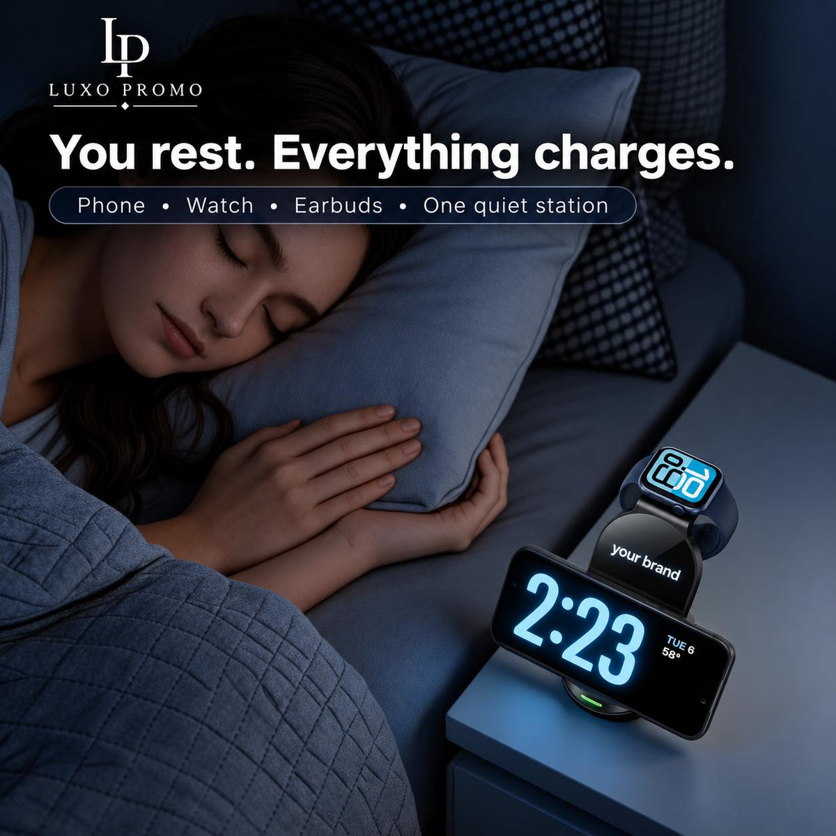 Personalized 3-in-1 Wireless Charging Station, Custom Logo MagSafe Dock, Phone Watch Earbuds Charger, Corporate Gift