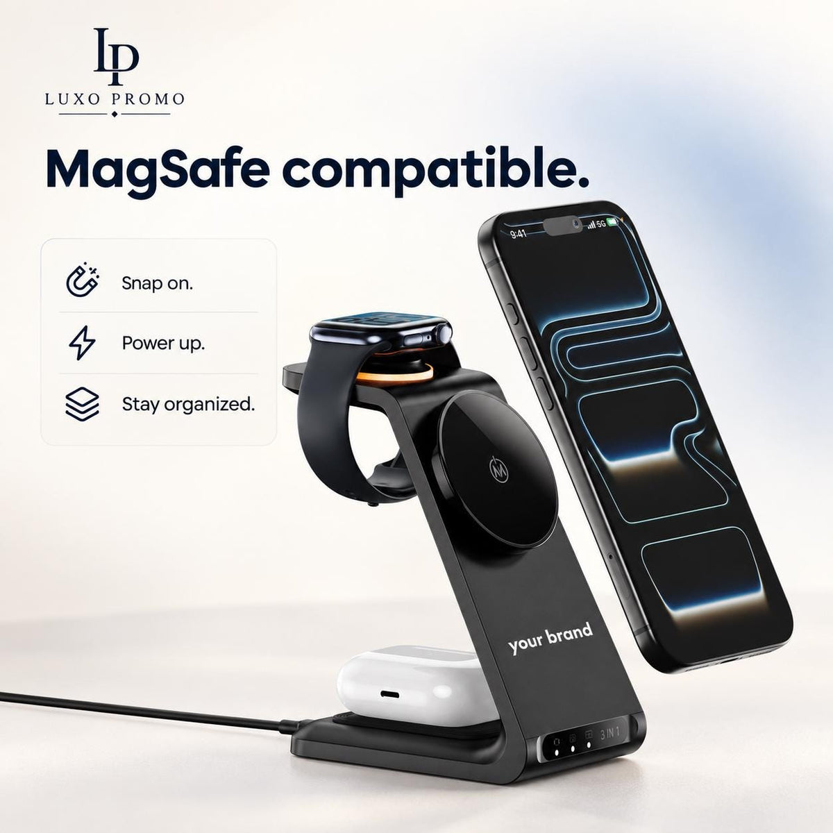 Personalized 3-in-1 MagSafe Charging Station, Custom Logo Phone Watch AirPods Charger, Branded Corporate Tech Gift