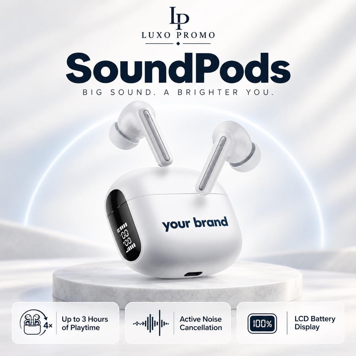 Personalized ANC Wireless Earbuds, Custom Logo Bluetooth Earphones with LCD Charging Case, Branded Corporate Gift