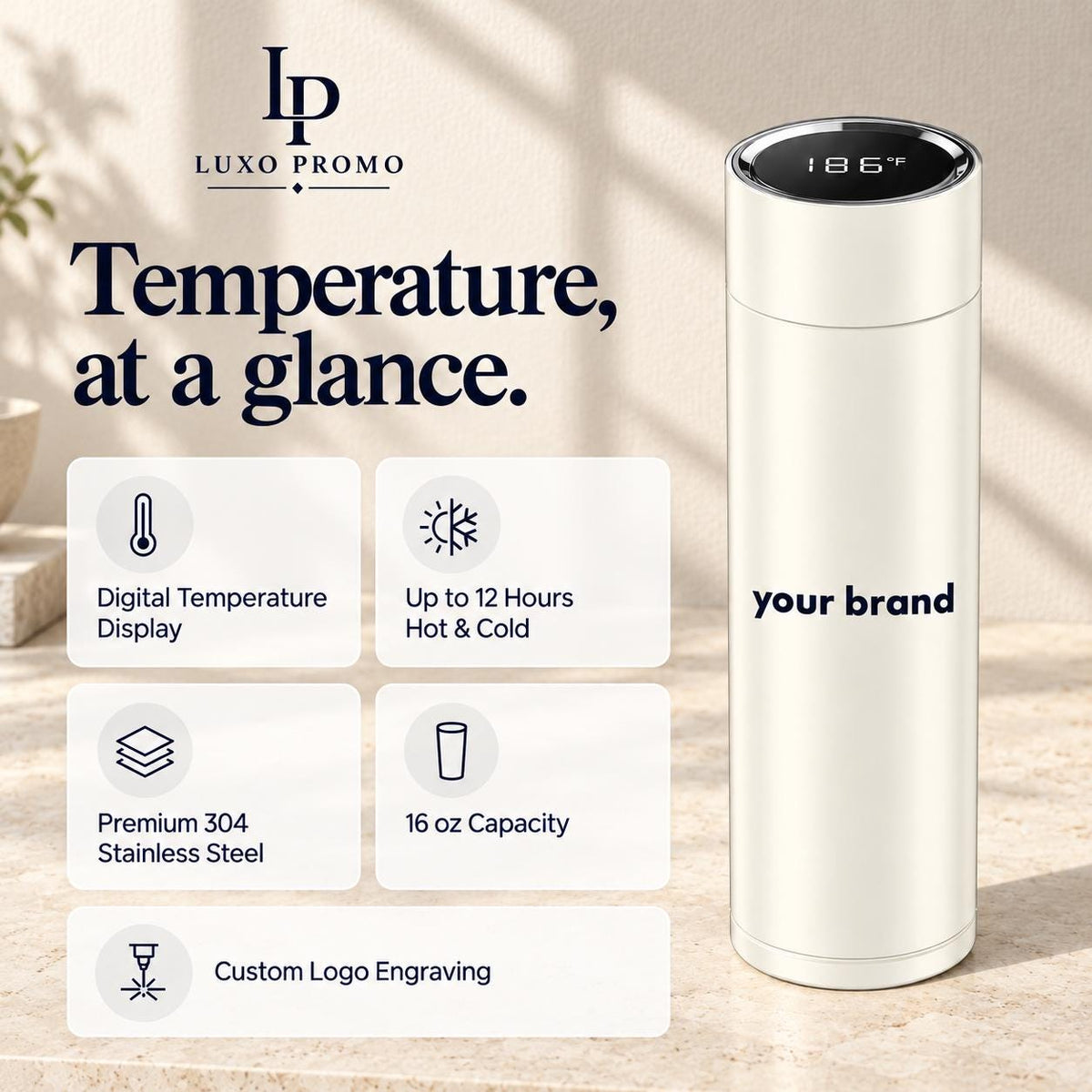 Personalized Smart Thermos, Custom Logo 16oz Temperature Display Bottle, Engraved Corporate Employee Client Gift