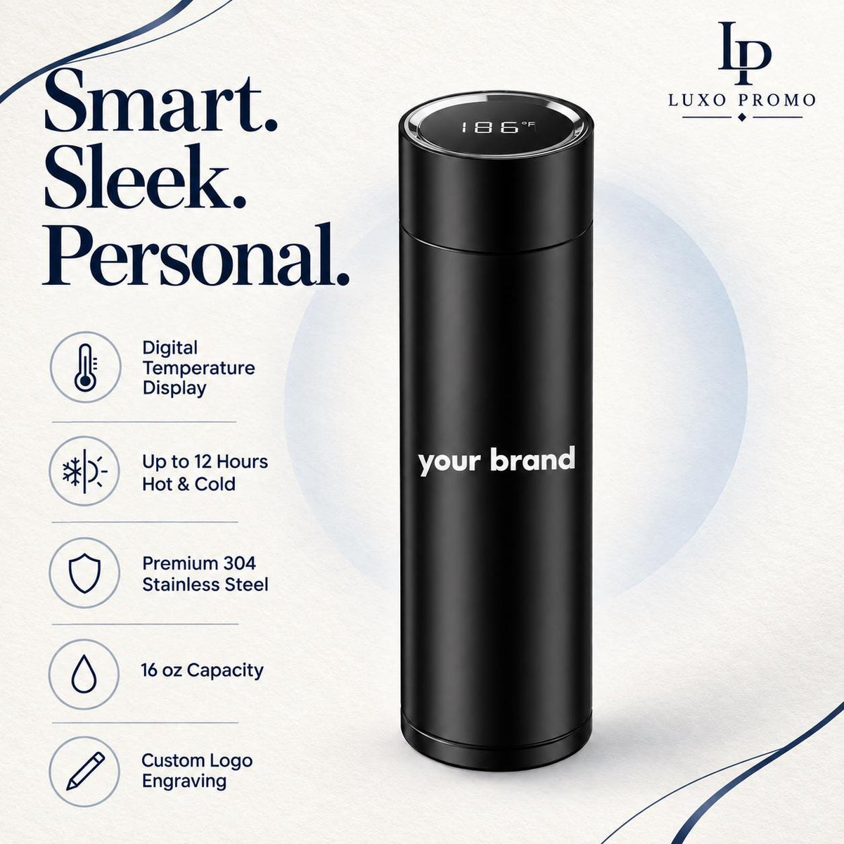 Personalized Smart Thermos, Custom Logo 16oz Temperature Display Bottle, Engraved Corporate Employee Client Gift