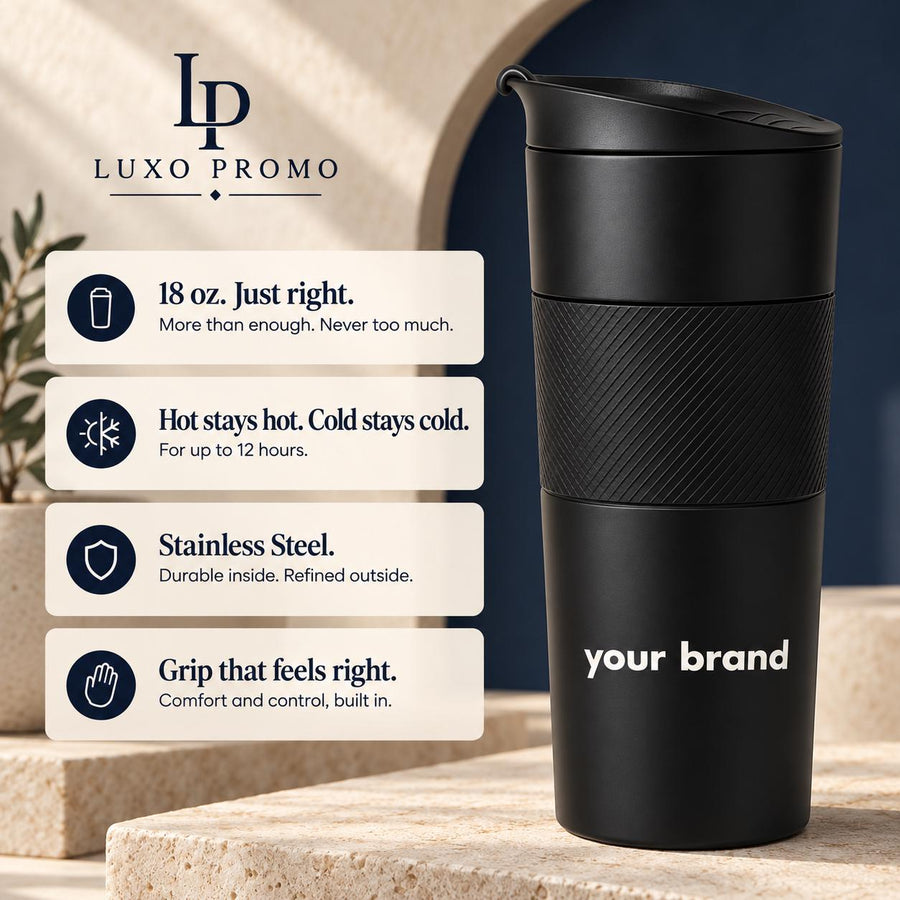Personalized 18oz Travel Tumbler, Custom Logo Insulated Coffee Cup, Engraved Corporate Employee Client Gift