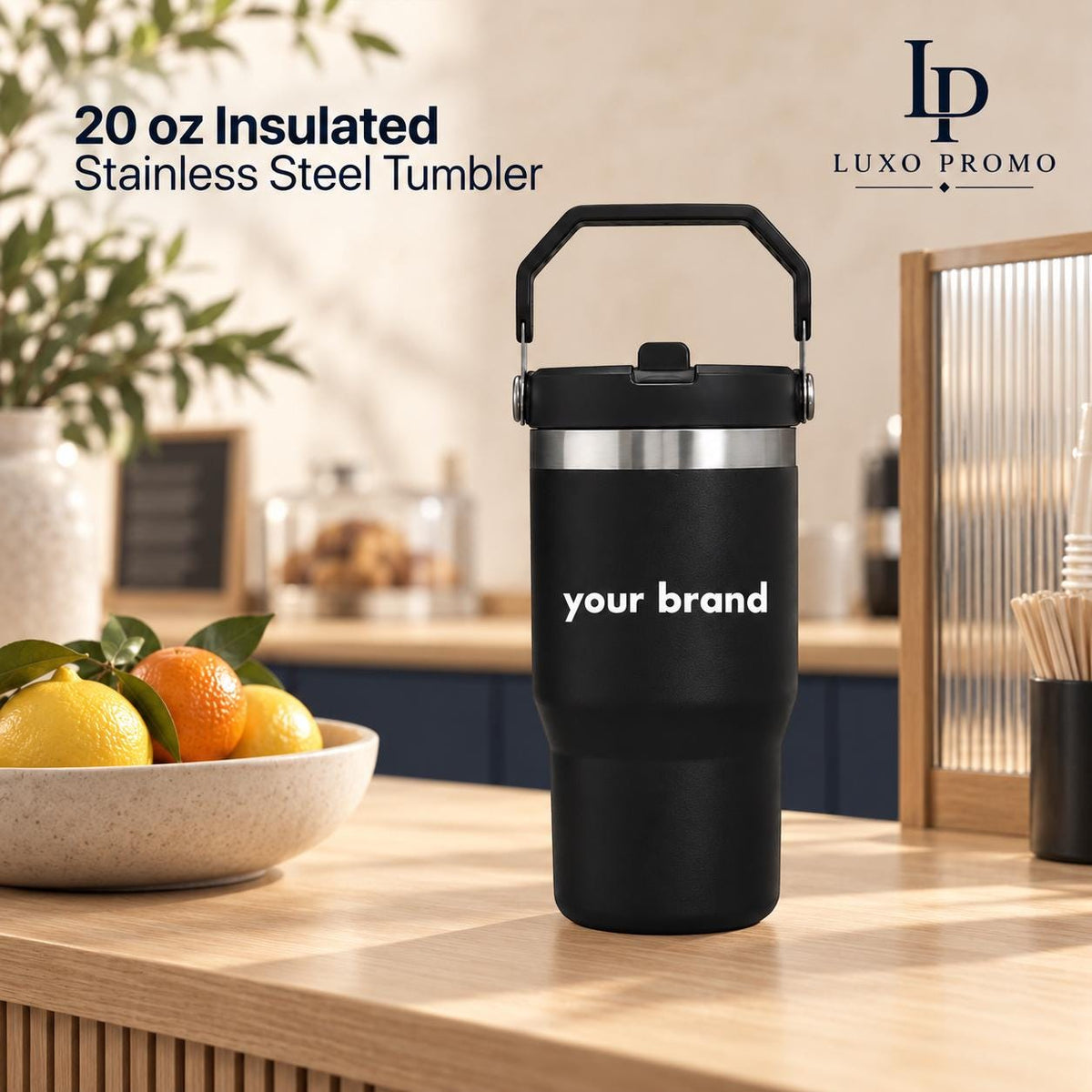 Personalized 20oz Tumbler with Handle, Custom Logo Insulated Travel Cup, Corporate Employee Client Gift