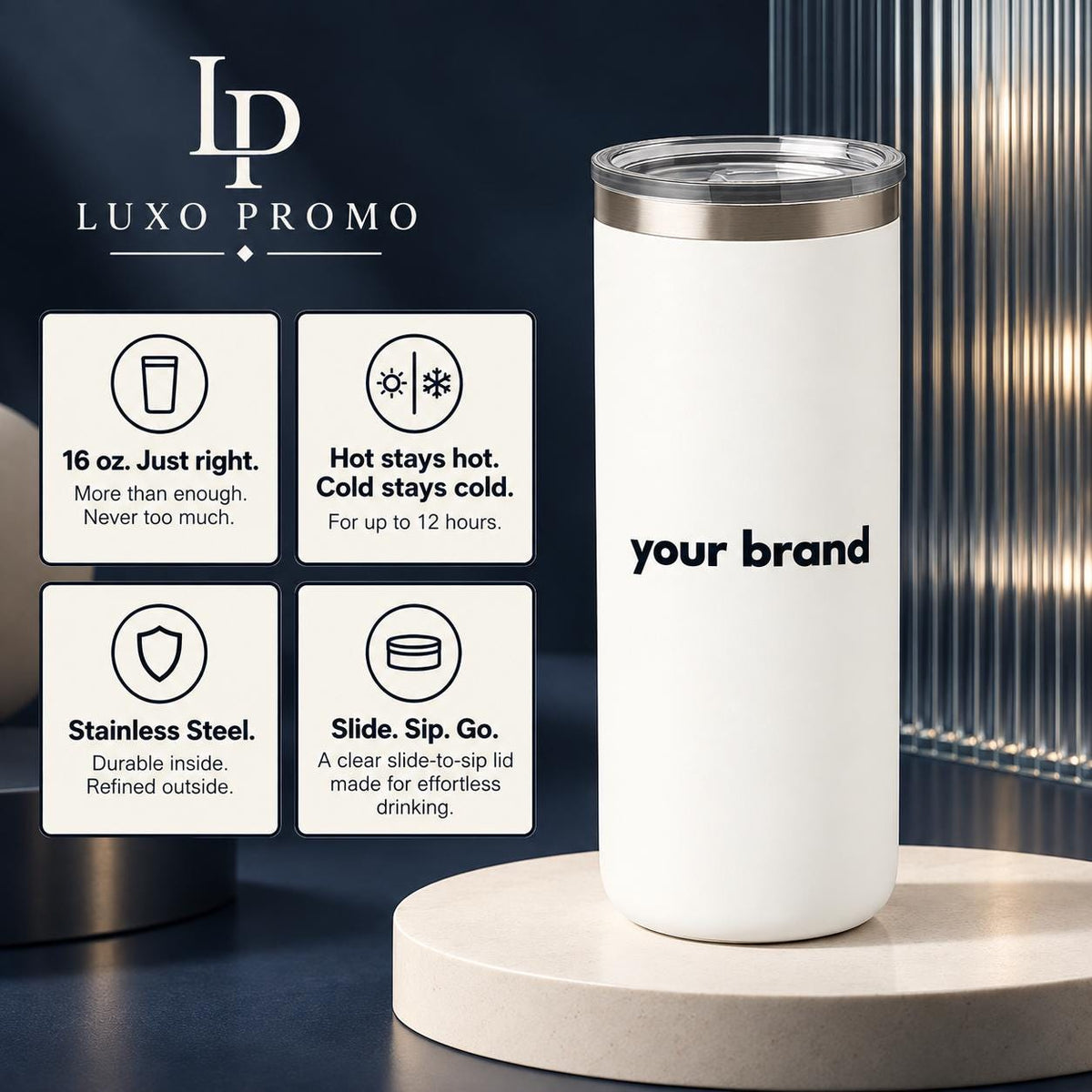 Personalized 16oz Slim Tumbler, Custom Logo Stainless Steel Travel Cup, Corporate Employee Client Gift