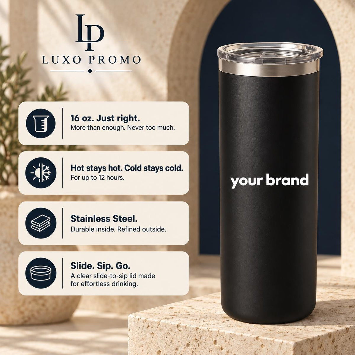 Personalized 16oz Slim Tumbler, Custom Logo Stainless Steel Travel Cup, Corporate Employee Client Gift