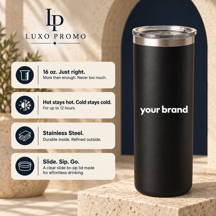 Personalized 16oz Slim Tumbler, Custom Logo Stainless Steel Travel Cup, Corporate Employee Client Gift