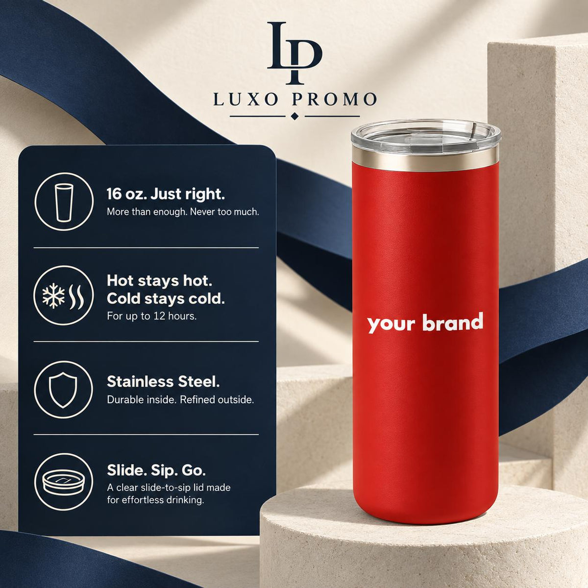 Personalized 16oz Slim Tumbler, Custom Logo Stainless Steel Travel Cup, Corporate Employee Client Gift