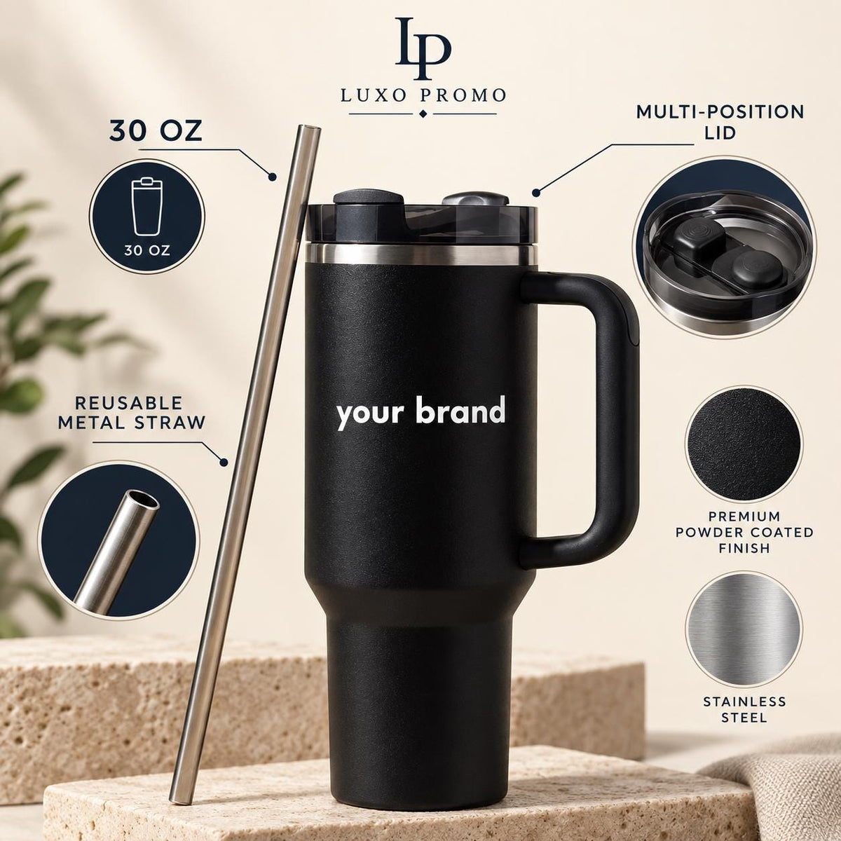 Personalized 30oz Tumbler with Handle, Custom Logo Insulated Travel Cup, Corporate Employee Client Gift