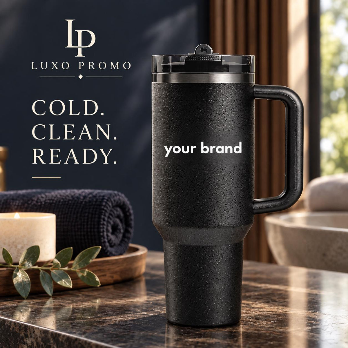 Personalized 30oz Tumbler with Handle, Custom Logo Insulated Travel Cup, Corporate Employee Client Gift