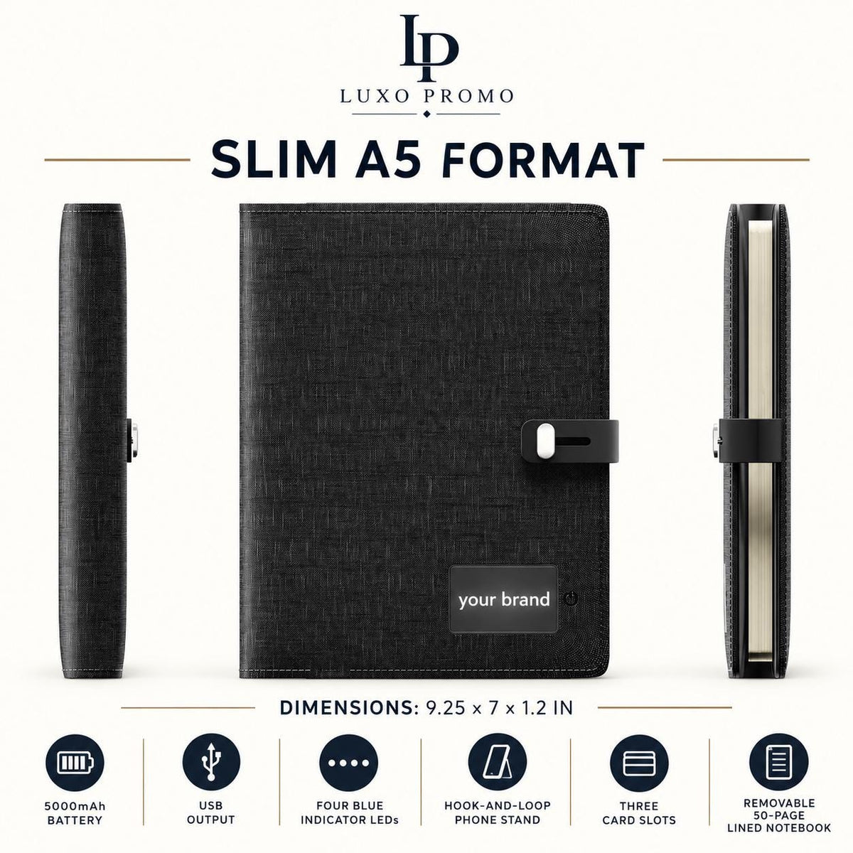Personalized A5 Charging Portfolio, Custom Light-Up Logo 5000mAh Notebook, Refillable Executive Padfolio Corporate Gift