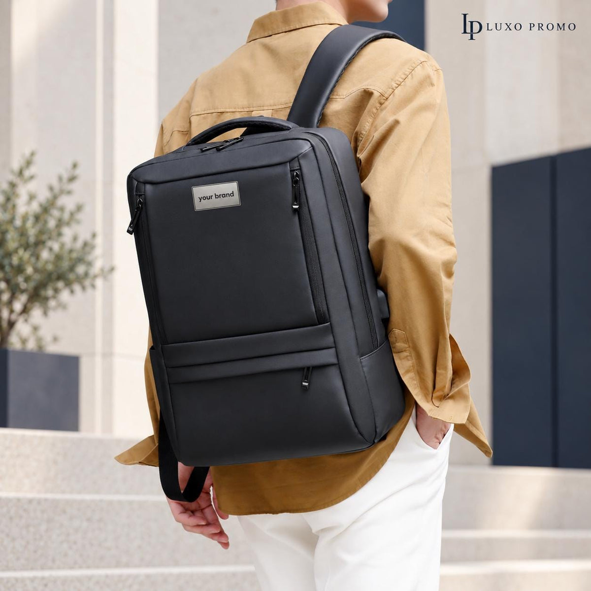 Personalized Oxford Laptop Backpack, Custom Logo USB Business Bag, Branded Corporate Employee Gift, Black or Navy Travel Backpack