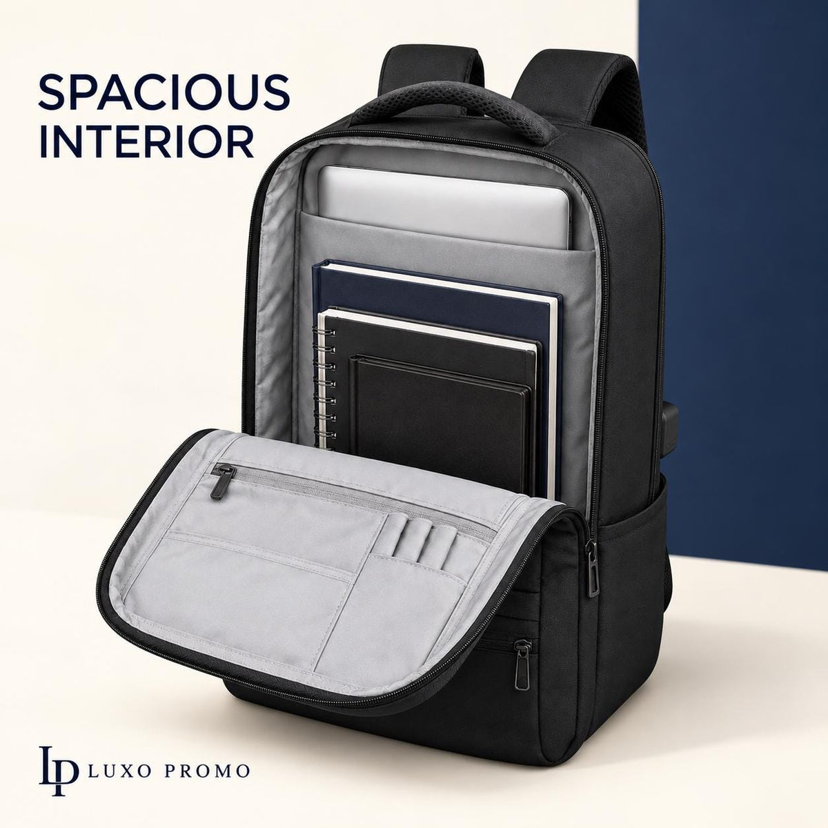 Personalized Oxford Laptop Backpack, Custom Logo USB Business Bag, Branded Corporate Employee Gift, Black or Navy Travel Backpack