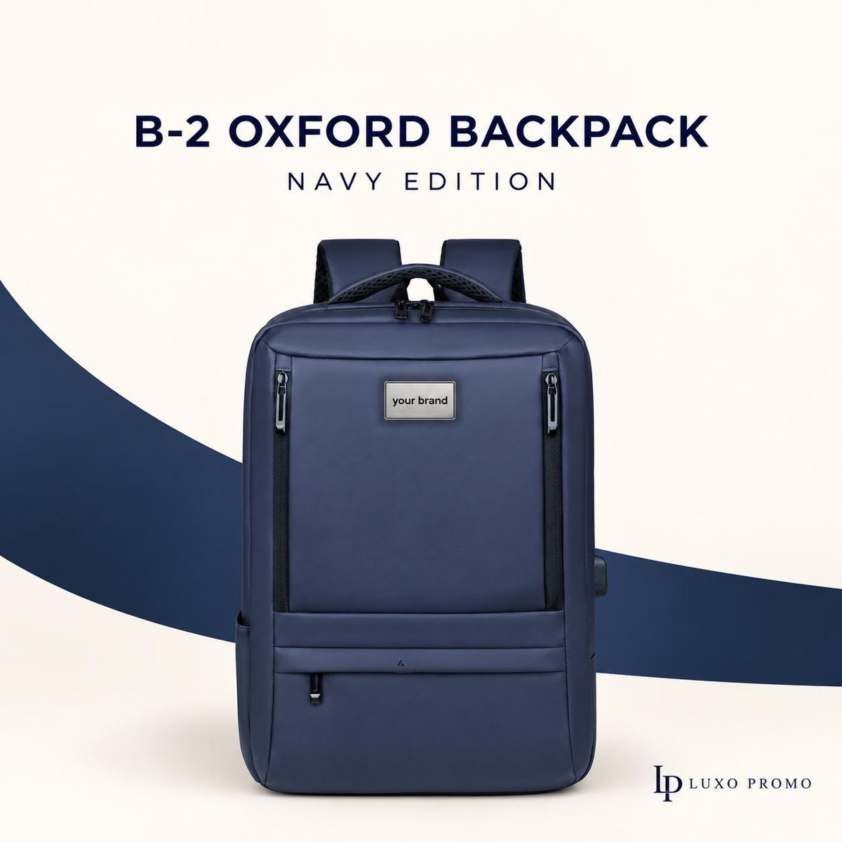 Personalized Oxford Laptop Backpack, Custom Logo USB Business Bag, Branded Corporate Employee Gift, Black or Navy Travel Backpack