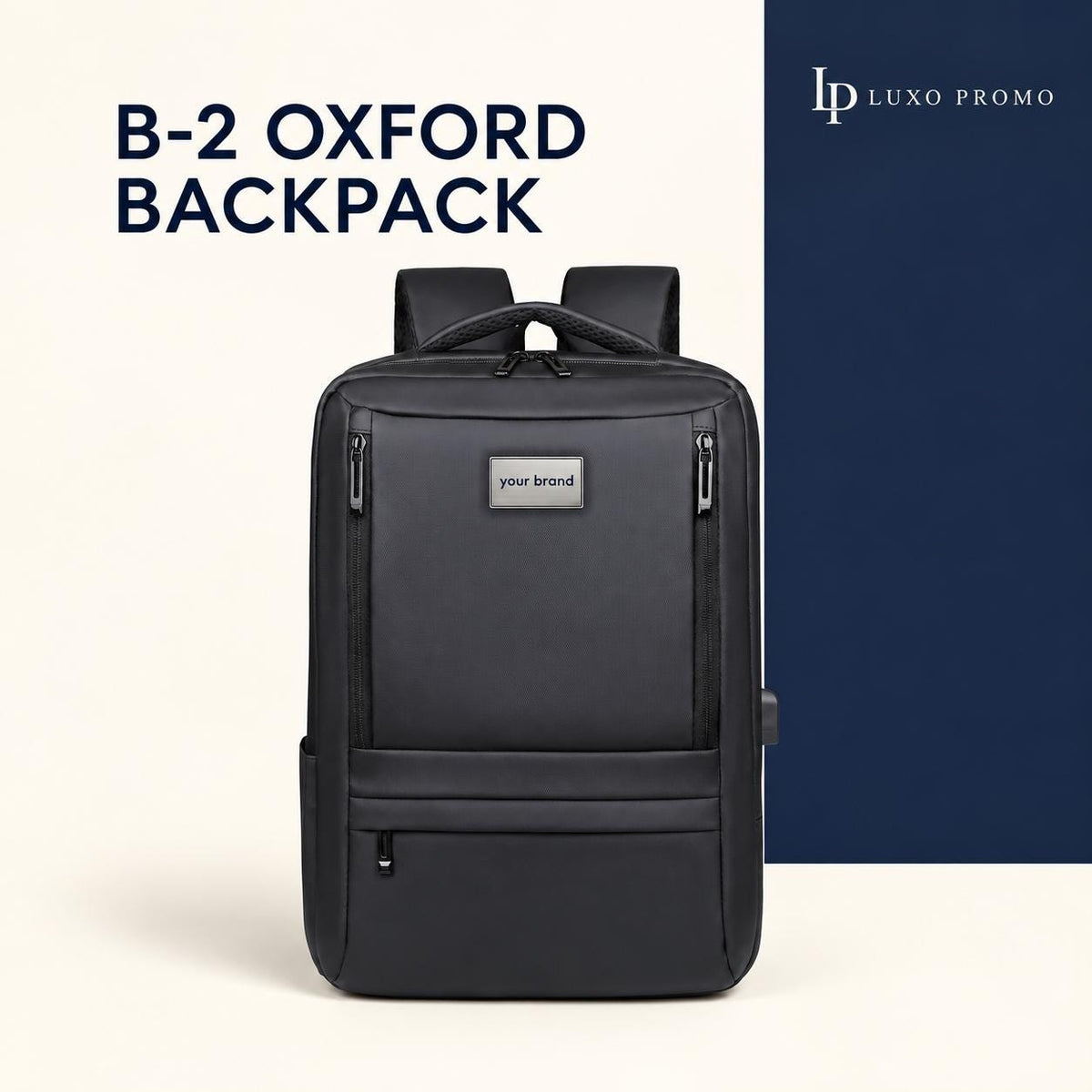 Personalized Oxford Laptop Backpack, Custom Logo USB Business Bag, Branded Corporate Employee Gift, Black or Navy Travel Backpack