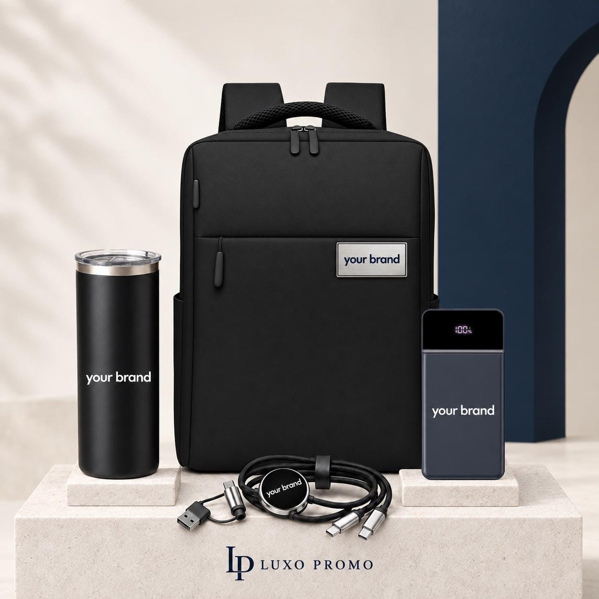 Personalized Backpack Gift Set, Custom Logo 16oz Tumbler and Wall Plug Power Bank, Branded Employee Welcome Kit, Corporate Travel Gift