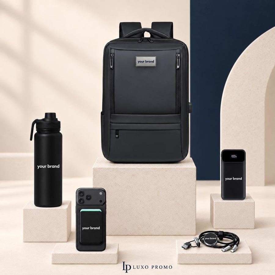 Personalized Oxford Backpack Gift Set, Custom Logo 24oz Water Bottle, Power Bank, MagSafe Wallet and Light Up Cable, Employee Welcome Kit