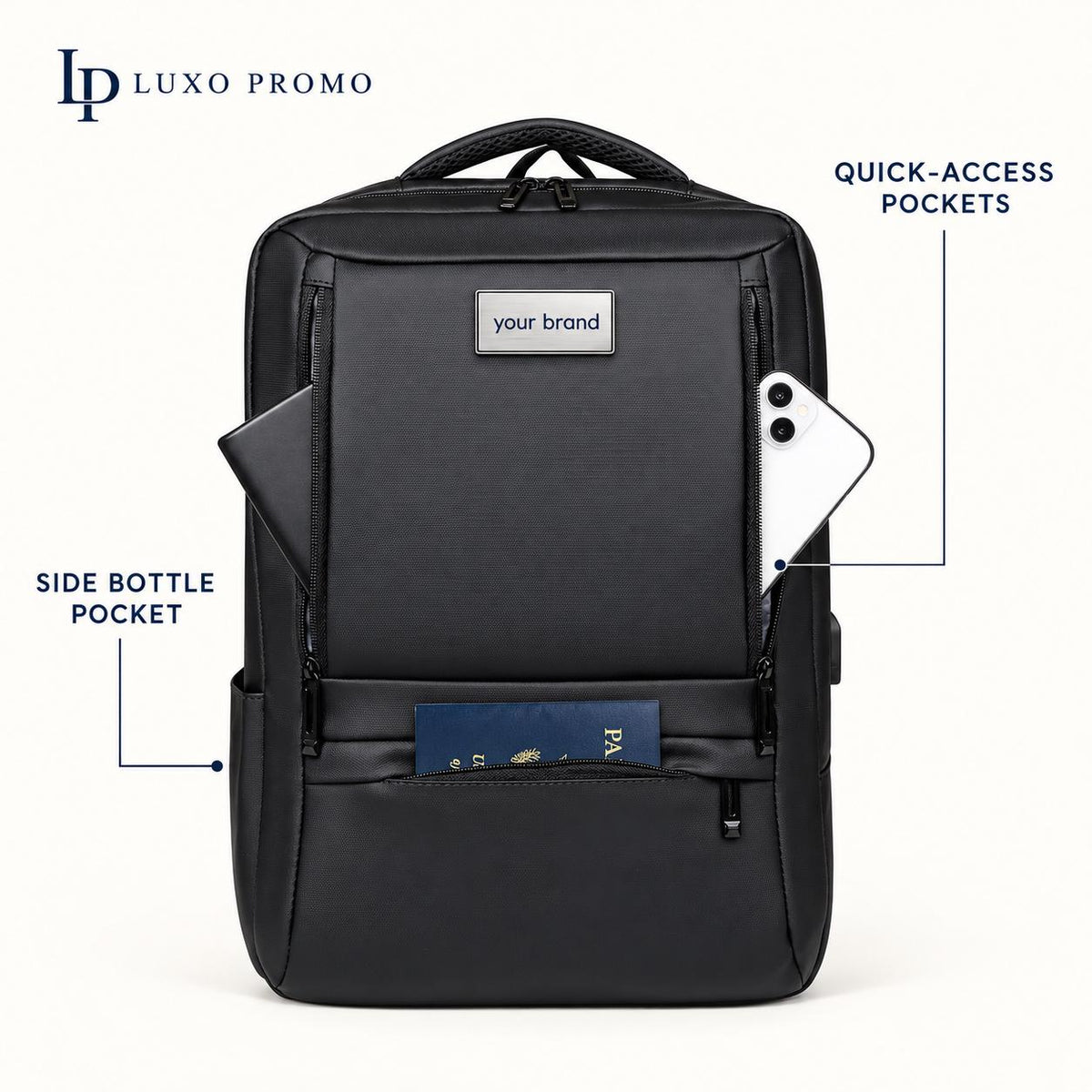 Personalized Oxford Backpack Gift Set, Custom Logo 24oz Water Bottle, Power Bank, MagSafe Wallet and Light Up Cable, Employee Welcome Kit