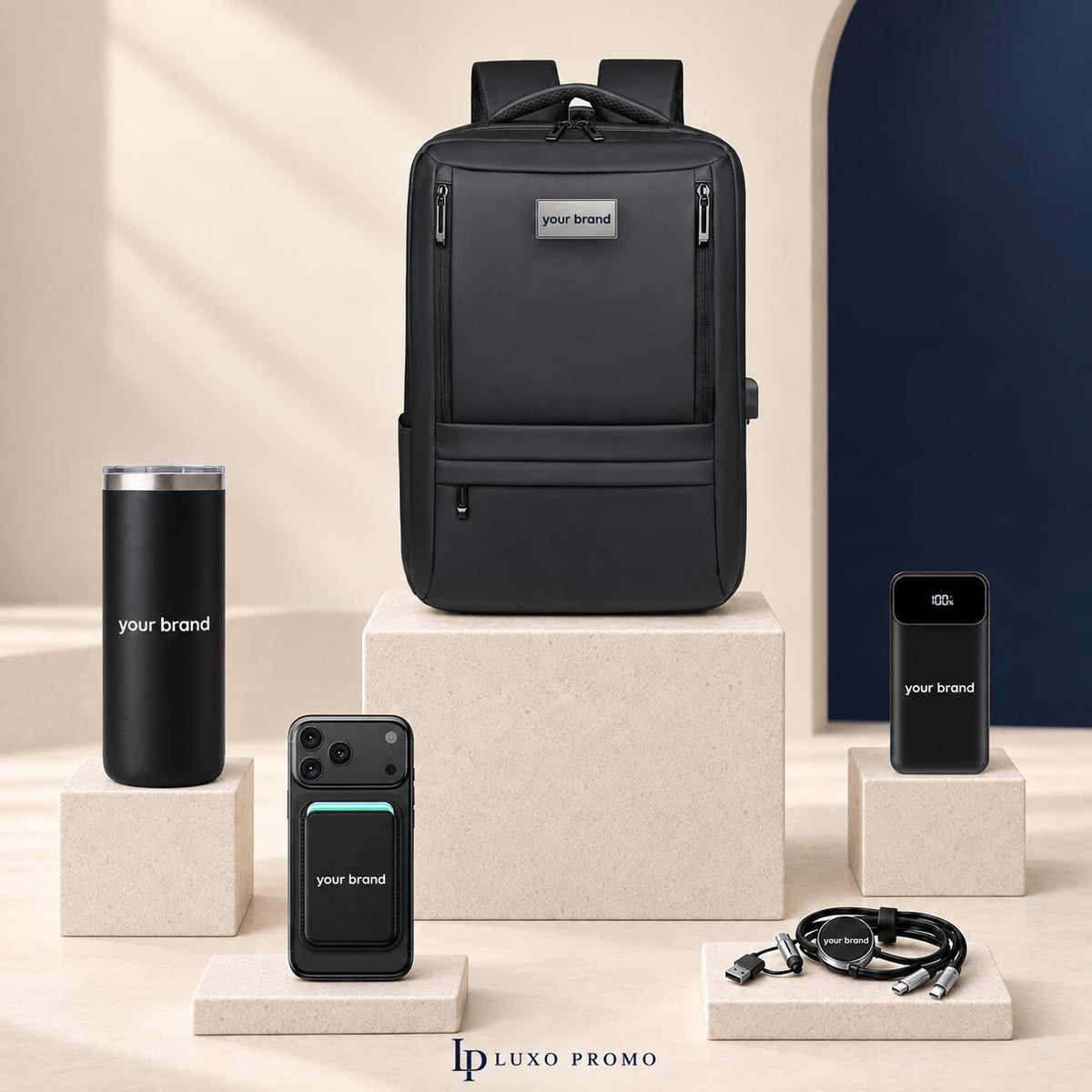Personalized Oxford Backpack Gift Set, Custom Logo 16oz Tumbler, Power Bank, MagSafe Wallet and Light Up Cable, Employee Welcome Kit