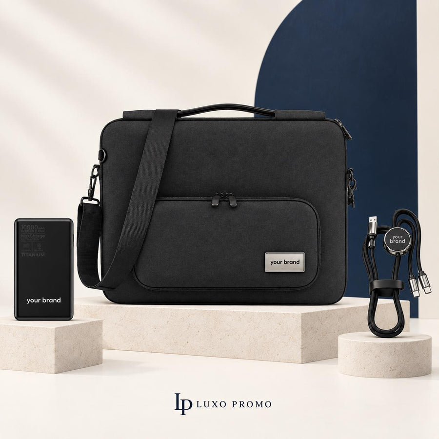 Personalized 16 Inch Laptop Bag Gift Set, Custom Logo Titanium MagSafe Power Bank and Light Up Cable, Corporate Employee Welcome Kit