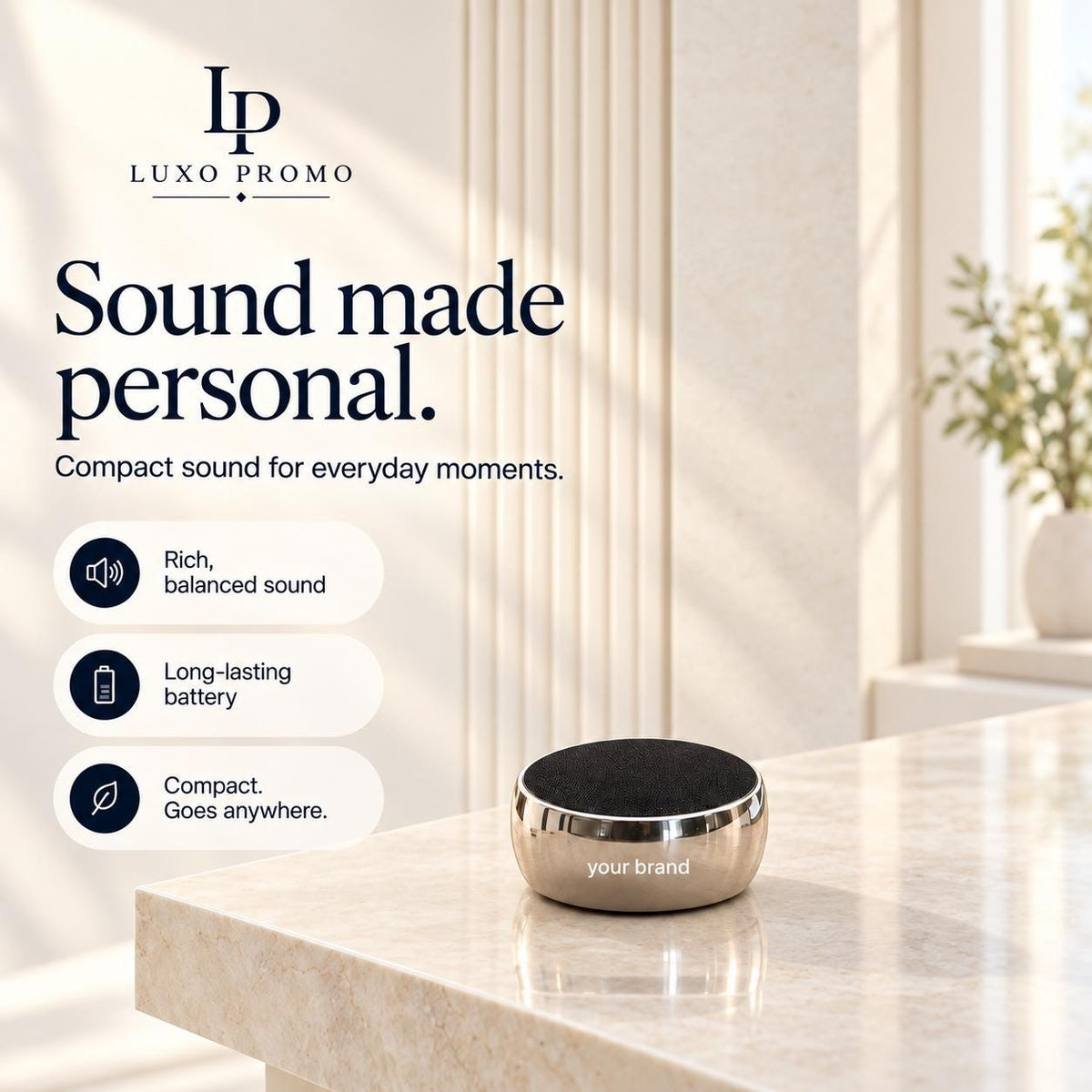Personalized Titanium Bluetooth Speaker, Custom Laser Engraved Logo, Branded Corporate Gift for Employees and Clients