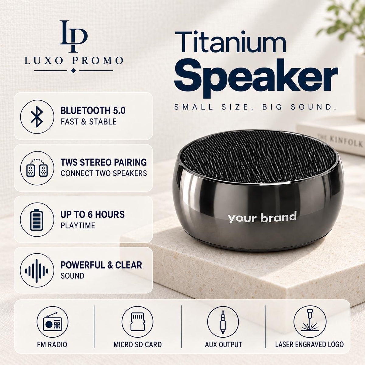 Personalized Titanium Bluetooth Speaker, Custom Laser Engraved Logo, Branded Corporate Gift for Employees and Clients