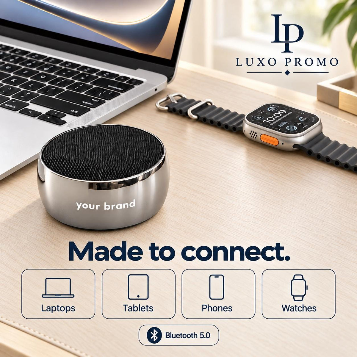 Personalized Titanium Bluetooth Speaker, Custom Laser Engraved Logo, Branded Corporate Gift for Employees and Clients