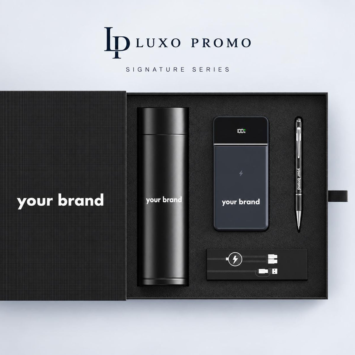Personalized Signature Corporate Gift Box, Custom Logo Smart Thermos, Titanium MagSafe Power Bank, Cable and Pen, Executive Employee Gift