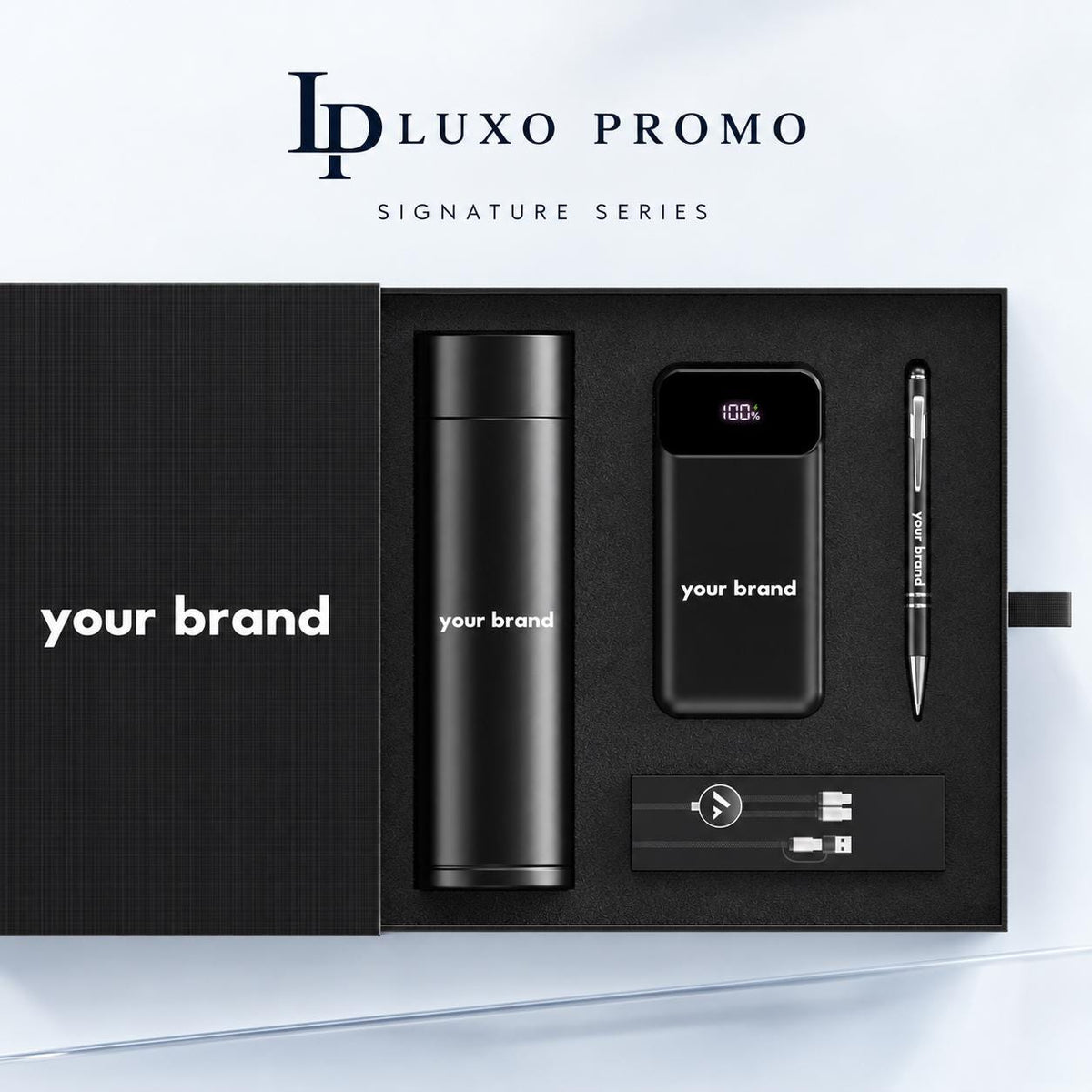 Personalized Signature Corporate Gift Box, Custom Logo 18oz Tumbler, 22.5W Power Bank, Light-Up Cable and Stylus Pen, Employee Gift